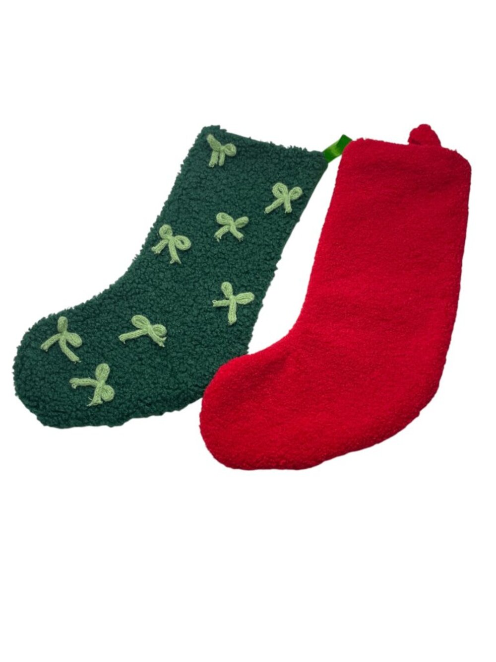 Fleece Christmas Stocking Pair Red Green Decorative Bows Holiday Decor 20 inch